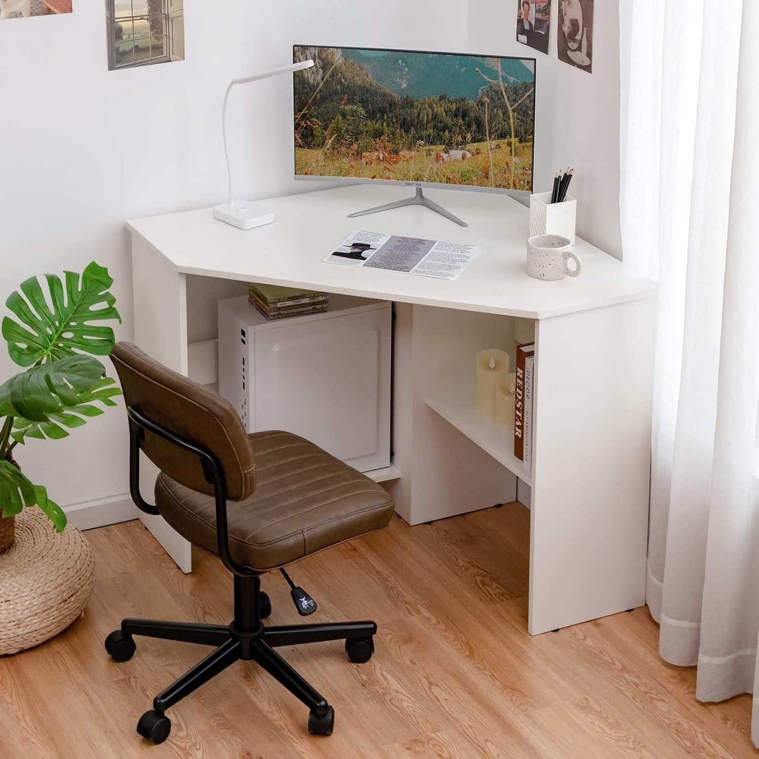 White Corner Computer Desk with Shelves & Cable Holes, Space-Saving 120cm