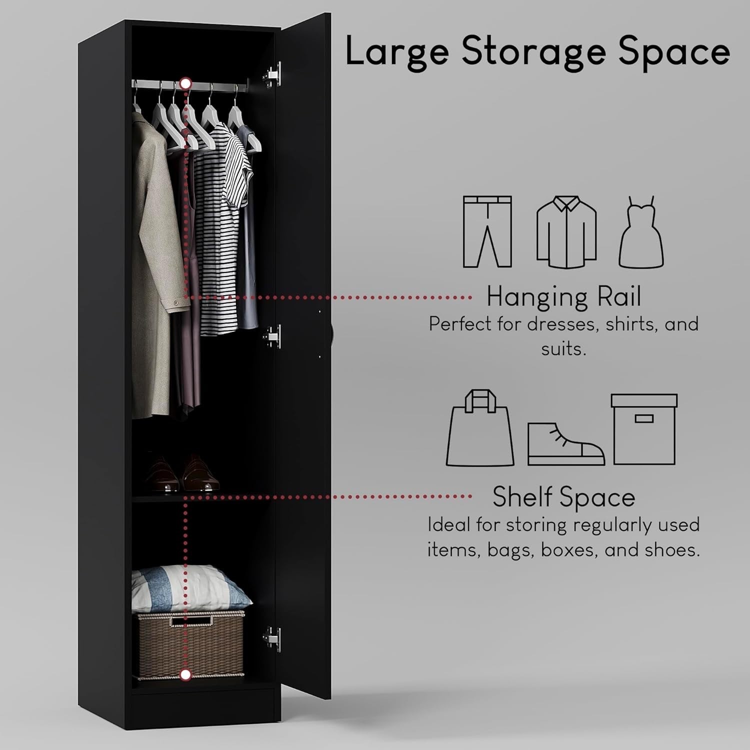 Black 1 Door Bedroom Wardrobe with Shelf & Hanging Rail Storage Unit