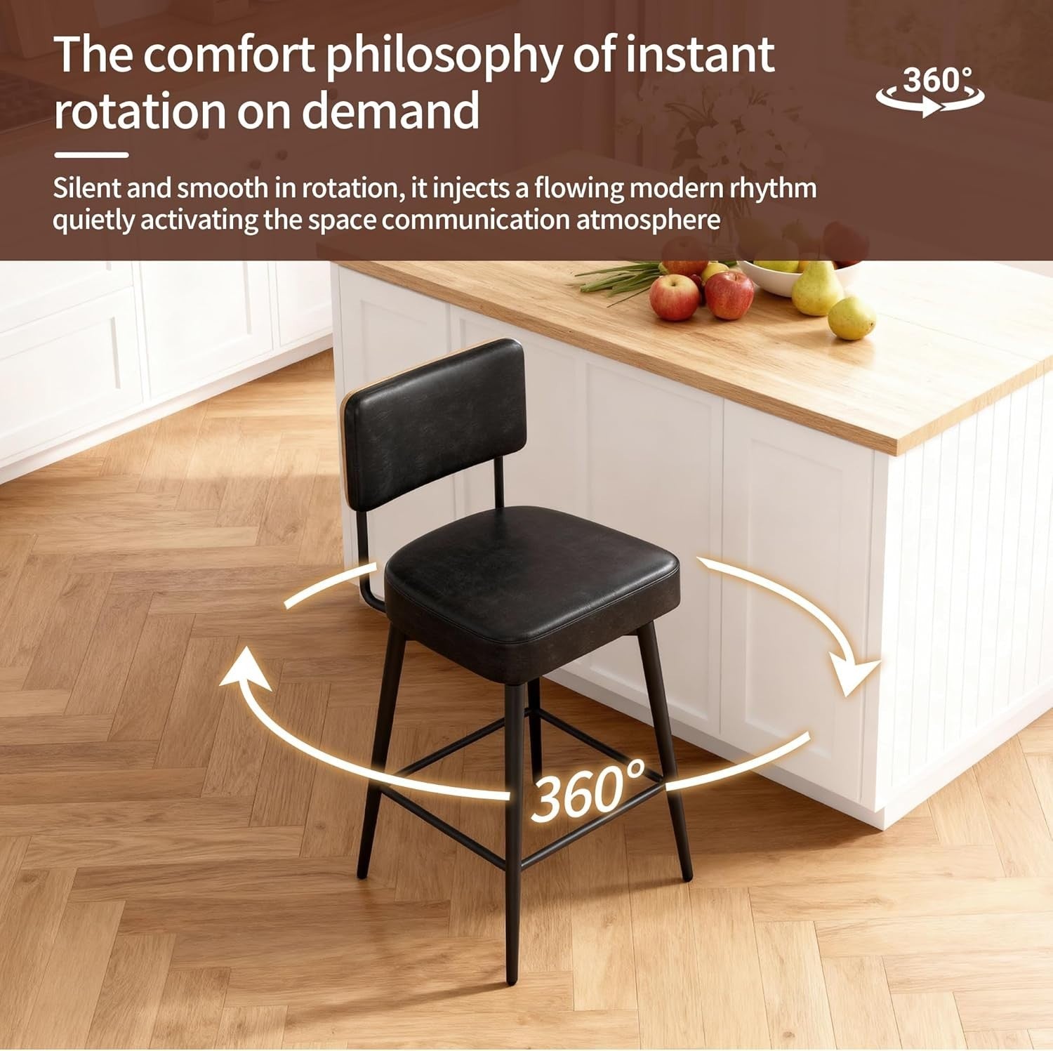 Swivel Bar Stools Set of 2 | Black PU Leather L-Shaped Counter Chairs
