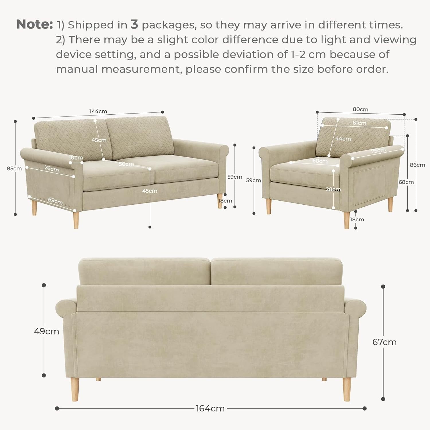 2 Seater Fabric Sofa & Armchair Set with Storage, Cushions, Tool-Free Assembly