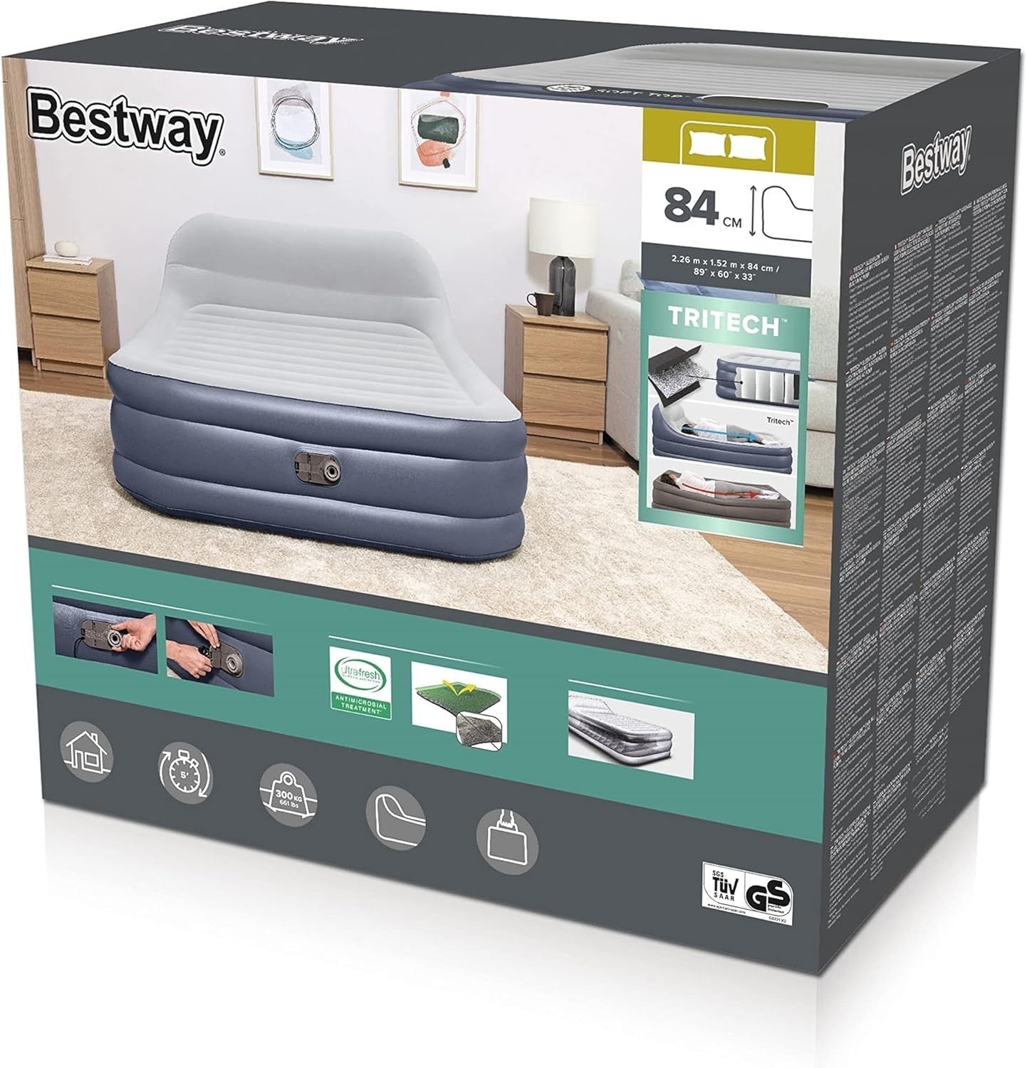 Queen Inflatable Air Bed Built-In Electric Pump Raised Headboard