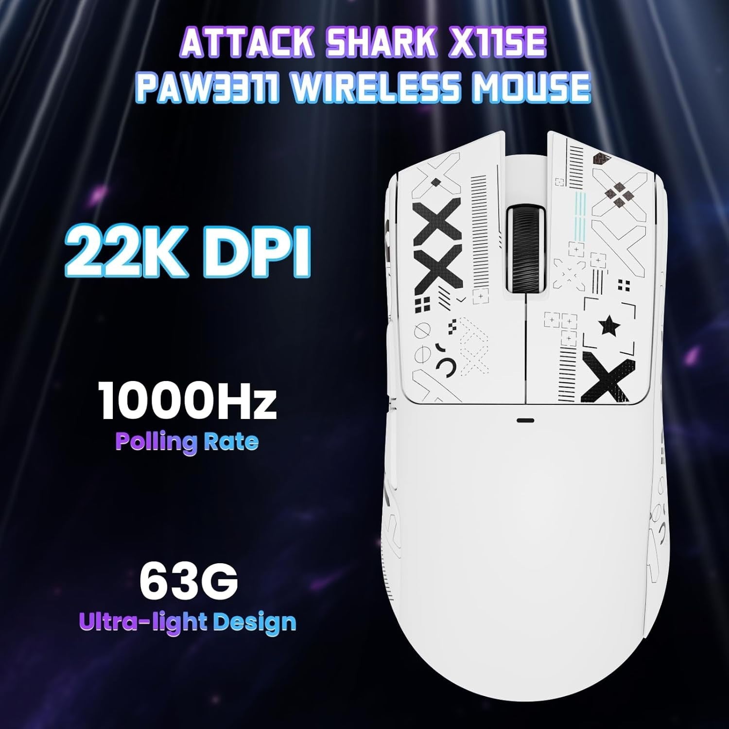 RGB Gaming Mouse 22K DPI 63g Tri-Mode 1000Hz White