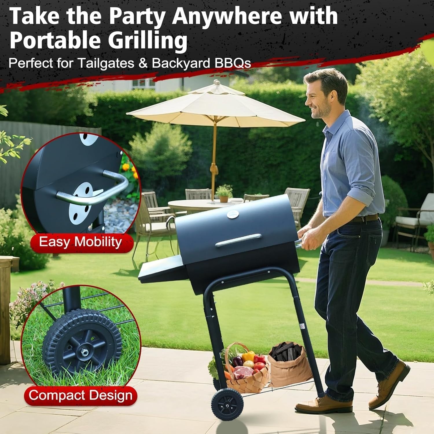 Charcoal BBQ Grill Smoker Outdoor | Large Portable Drum Barrel Barbecue
