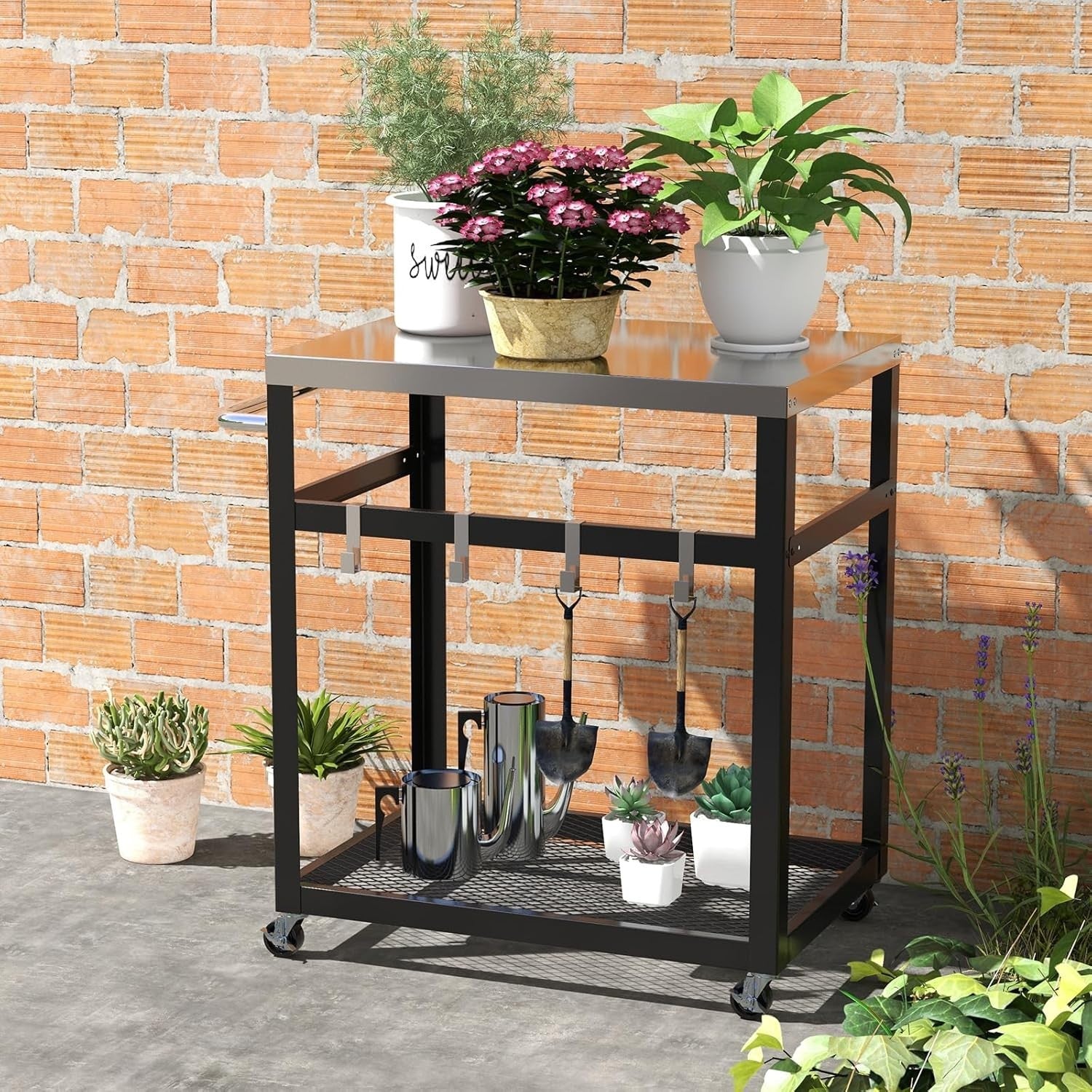 Outdoor BBQ Grill Cart Pizza Oven Stand 2-Tier Stainless Steel Top Trolley 84x50