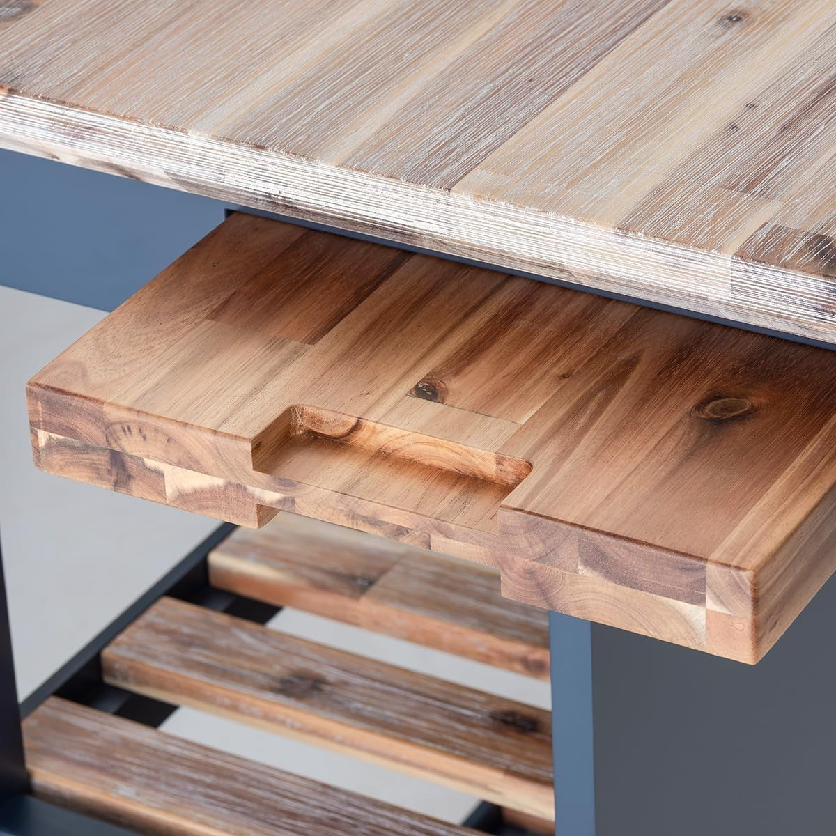 Breakfast Bar with Acacia Wood Top Storage Shelves Kitchen Island Navy Blue