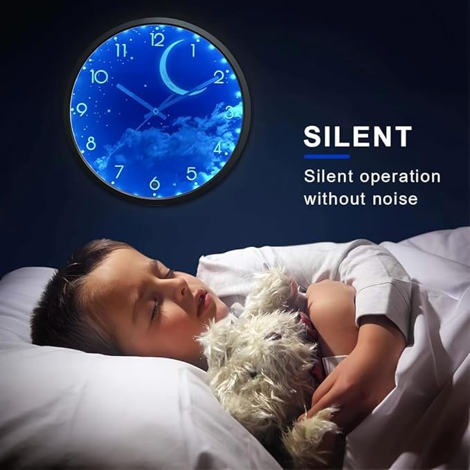 Blue Moon Luminous Wall Clock 30cm Silent Glow-in-Dark Night Sky Bedroom Decor