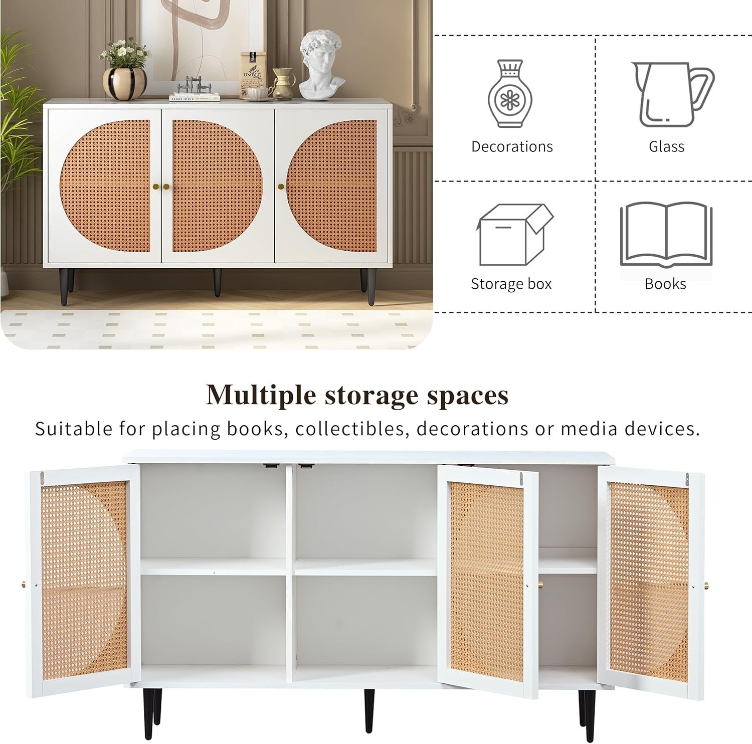 White Rattan Sideboard Cabinet Storage Unit with 3 Doors & Metal Legs