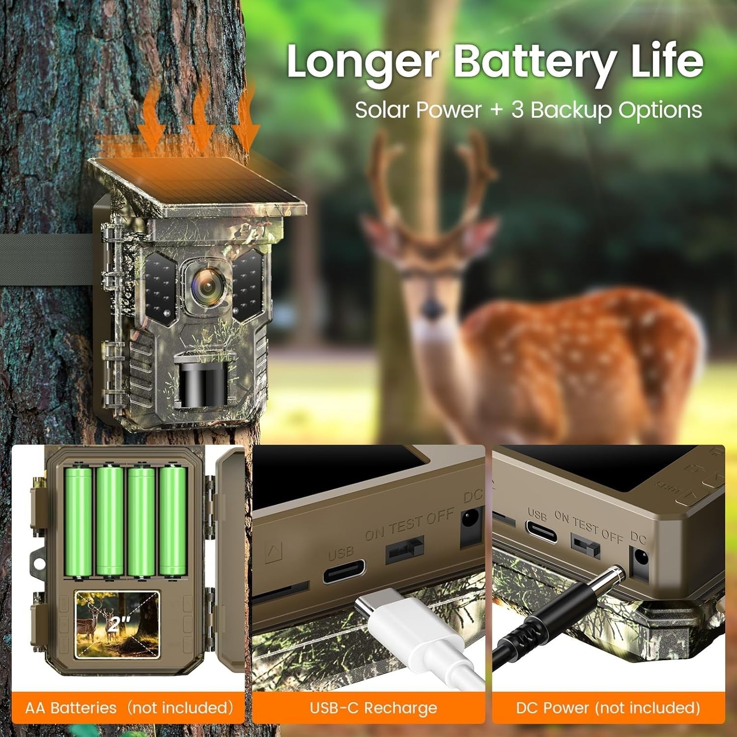 4K 64MP Solar Trail Camera WiFi Bluetooth Night Vision Waterproof