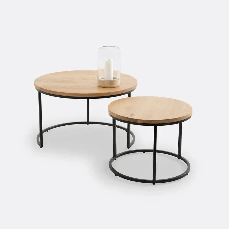 Set of 2 Oak Nesting Coffee Tables | Round Wood & Metal Lounge Table Set
