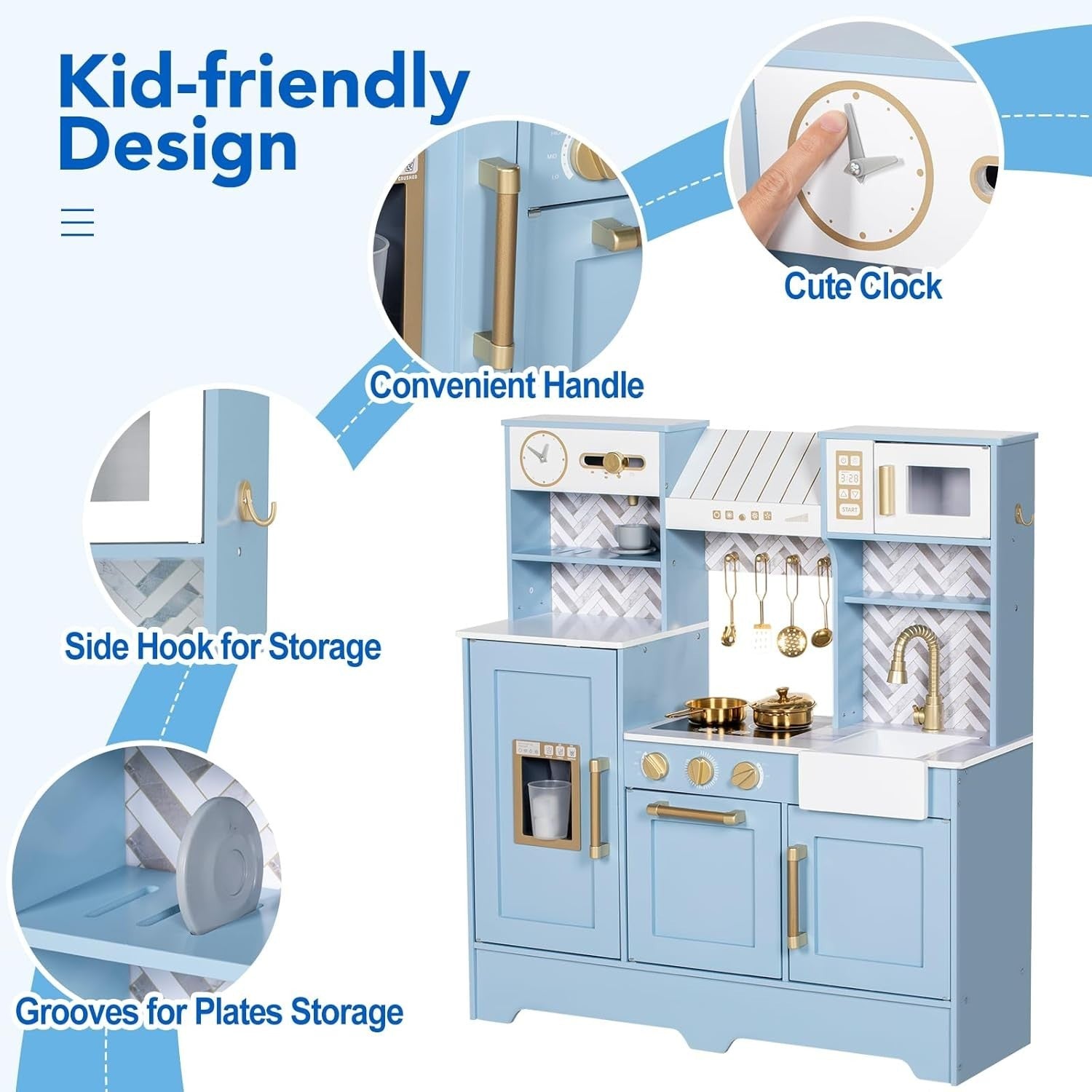 Wooden Kids Play Kitchen Blue Ice Maker Coffee Machine Toy Set