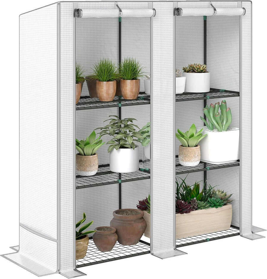 3 Tier Lean-To Mini Greenhouse Reinforced PE Cover Roll-Up Door Grey
