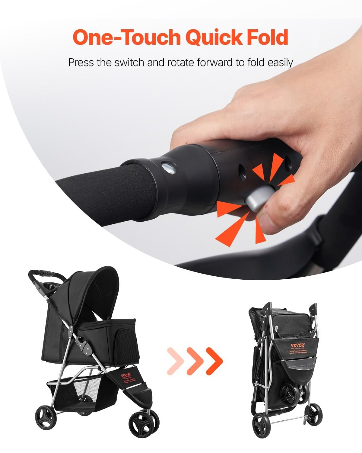 Pet Stroller 3 Wheel Folding Dog Pram 35lb Capacity Brake Mesh Cup Holder