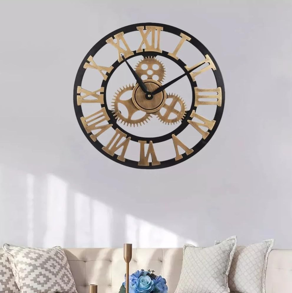 60cm Large Gold Roman Numeral Wall Clock Wood Open Face Silent Quartz Vintage