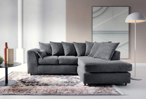 Luxury L Shaped Corner Sofa Grey Jumbo Cord Deep Cushions 4-Seater
