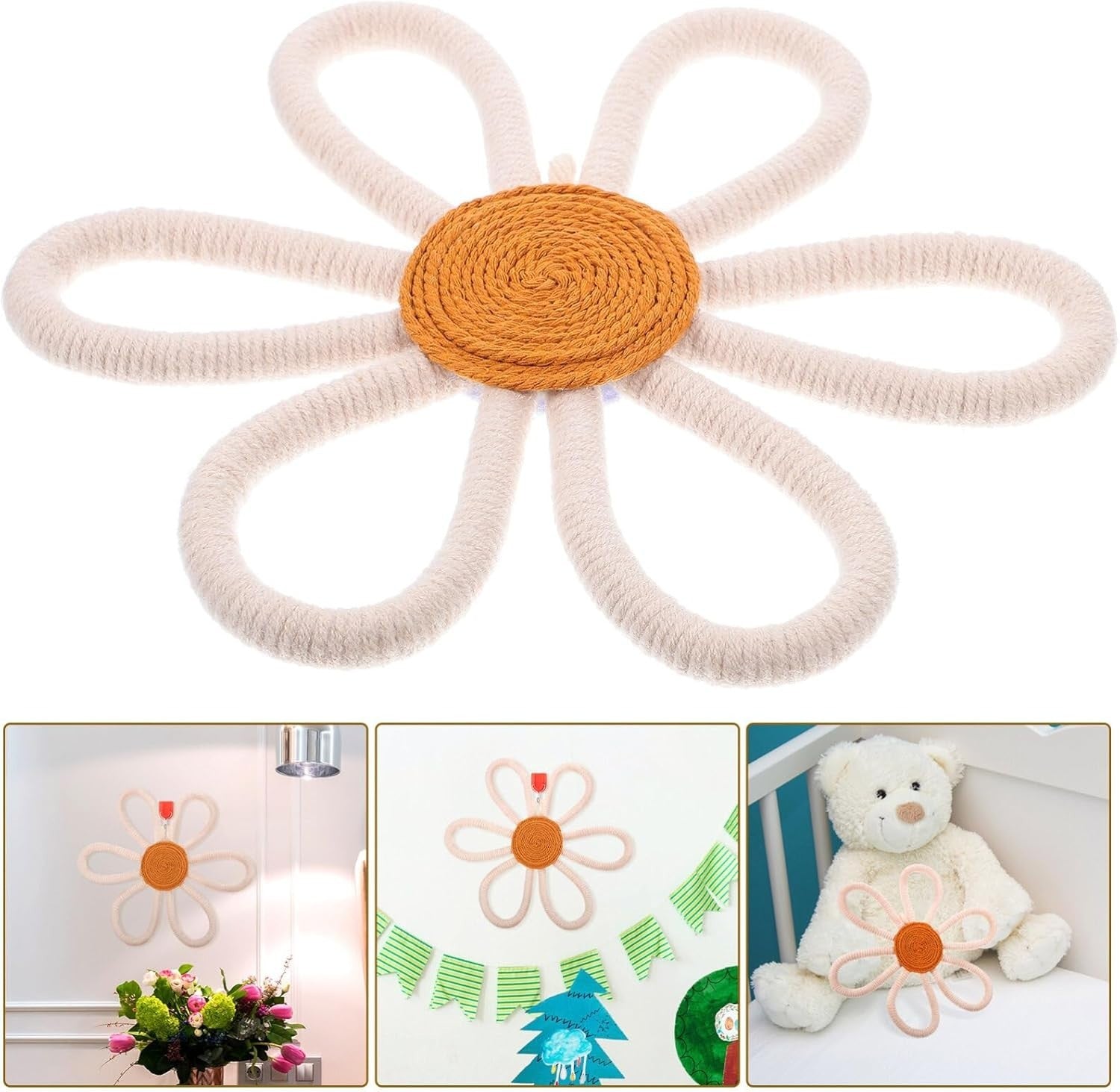 Boho Daisy Woven Wall Decor Cotton Macrame 7.9x6.5in Nursery Art