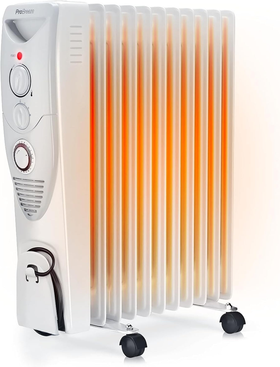 2500W Slim Oil Filled Radiator Timer Thermostat Portable Heater White
