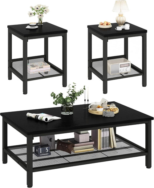 3-Piece Black Industrial Coffee Table Set – Metal Frame, Wood Top, Storage