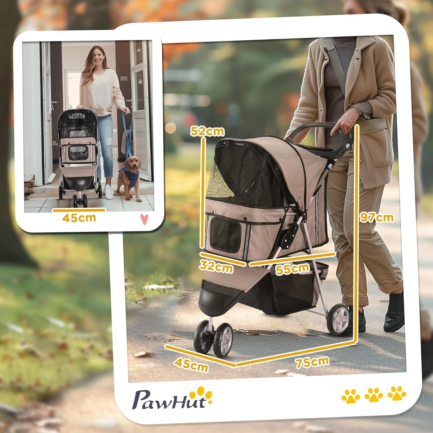 3 Wheel Pet Stroller Folding Dog Cat Pram Cup Holder Storage Basket