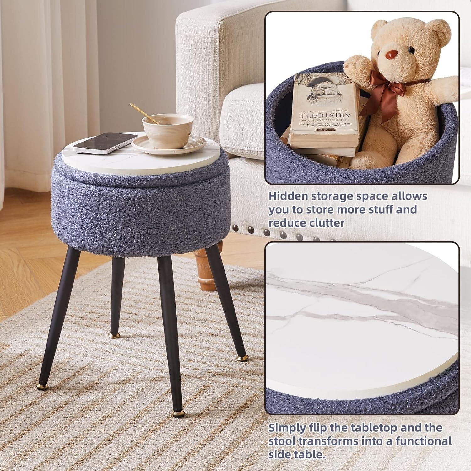 Blue Grey Round Vanity Stool with Storage – Teddy Fur Ottoman Chair