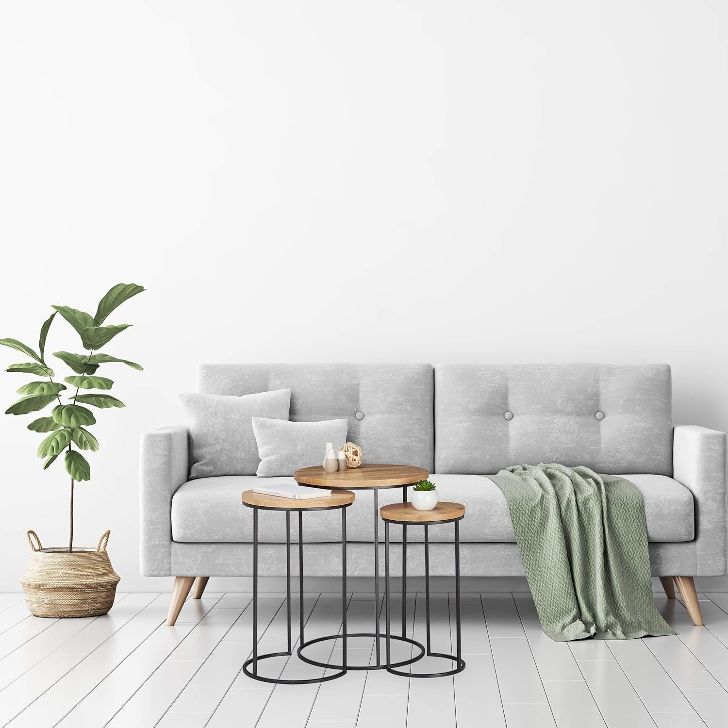 End Table Set of 3 Black Modern Round Wood/Metal Nesting Tables Home Decor