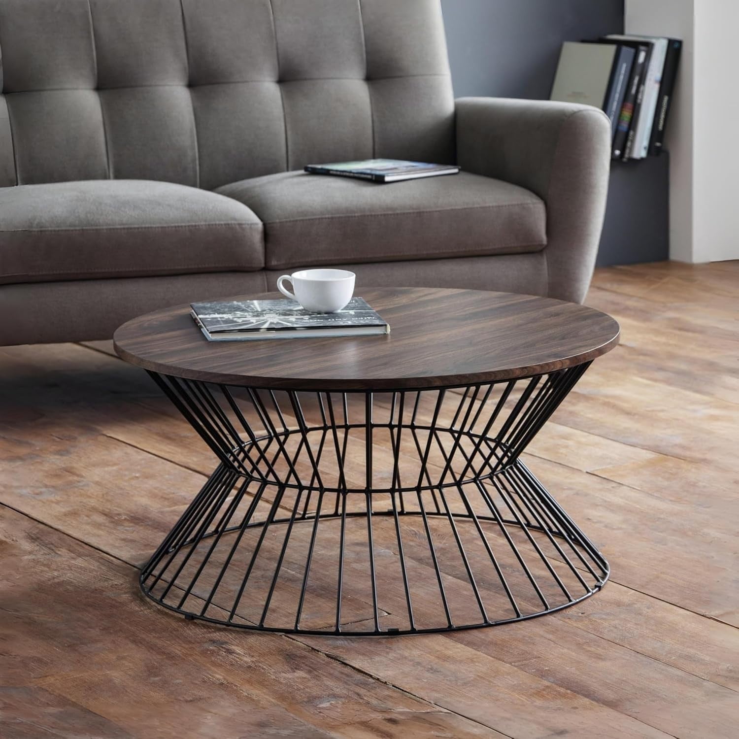 Round Walnut Coffee Table with Black Wire Base – Modern Industrial Style.