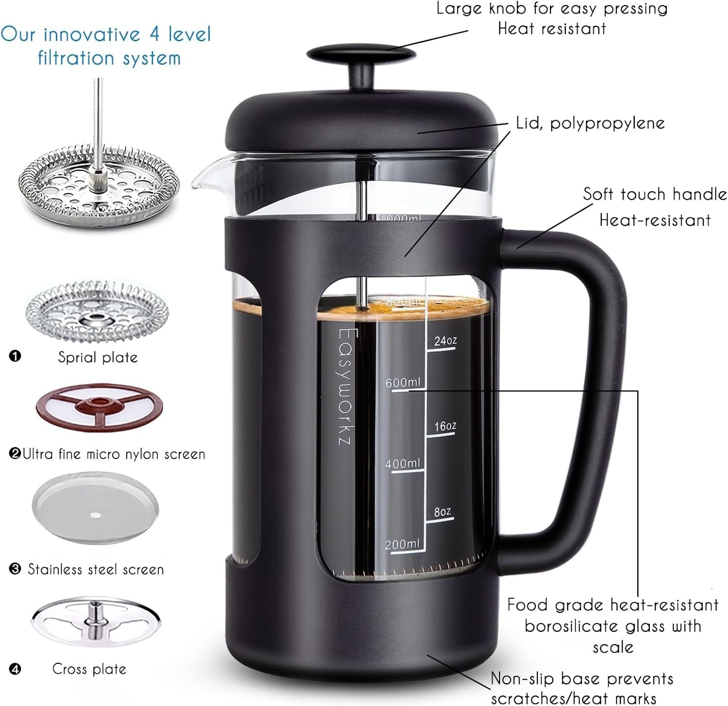 French Press Coffee Maker 1000ml Borosilicate Glass Heat-Resistant Soft-Grip