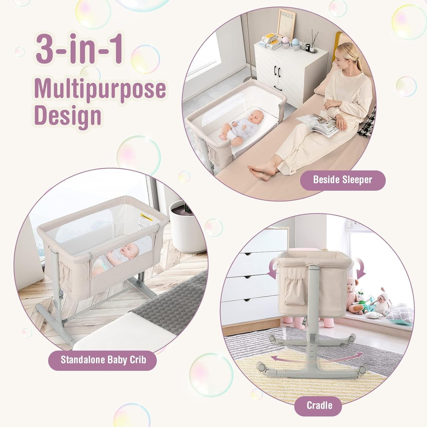 3-in-1 Baby Bedside Crib with Adjustable Heights, Mattress & Carry Bag Beige