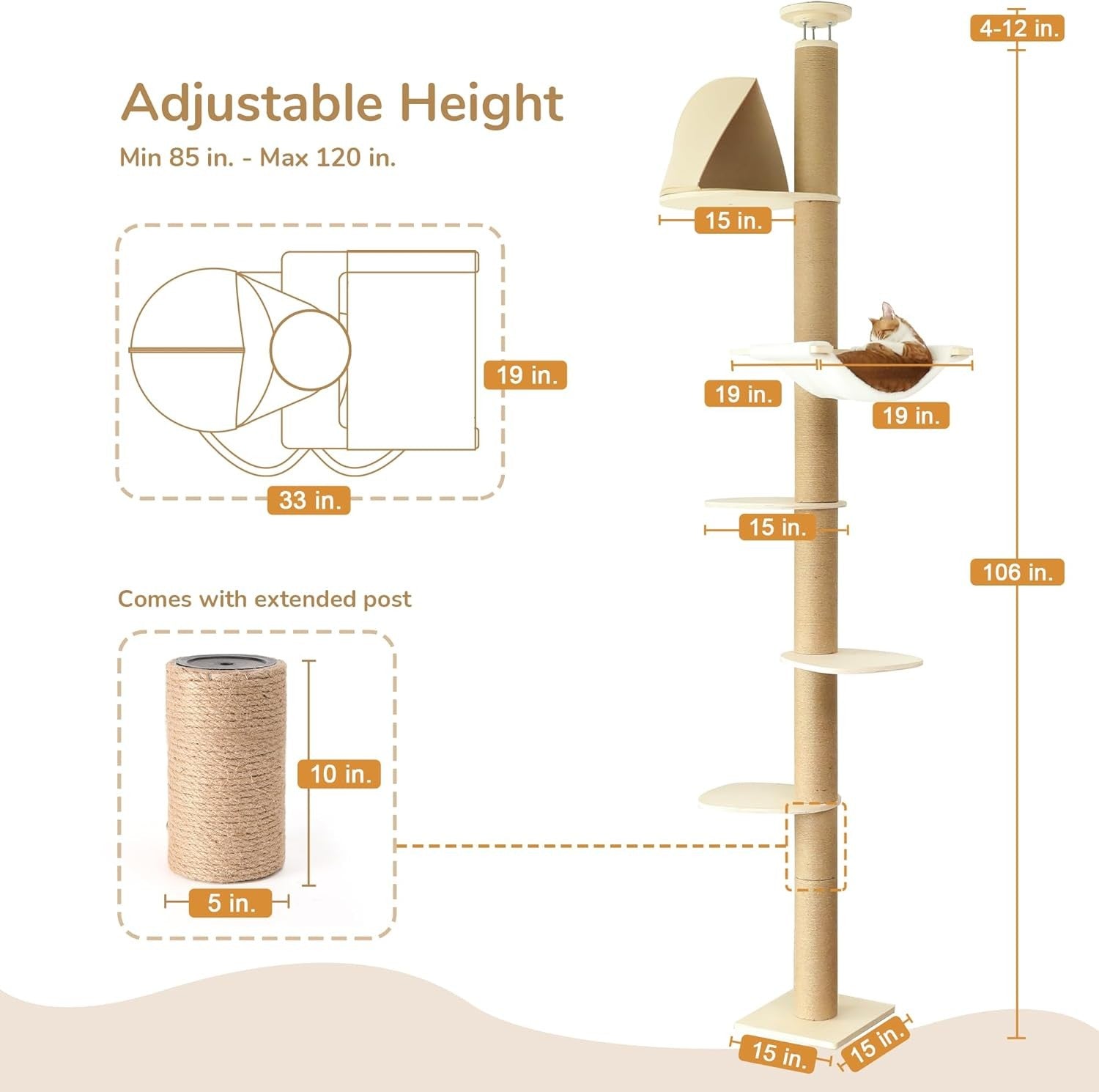 Floor to Ceiling Cat Tree Tower 6 Level Adjustable Scratching Post Hammock