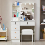 White Modern Vanity Desk Makeup Table Set w/ 10 Lights Mirror & 5 Drawers