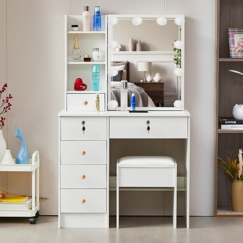 White Modern Vanity Desk Makeup Table Set w/ 10 Lights Mirror & 5 Drawers