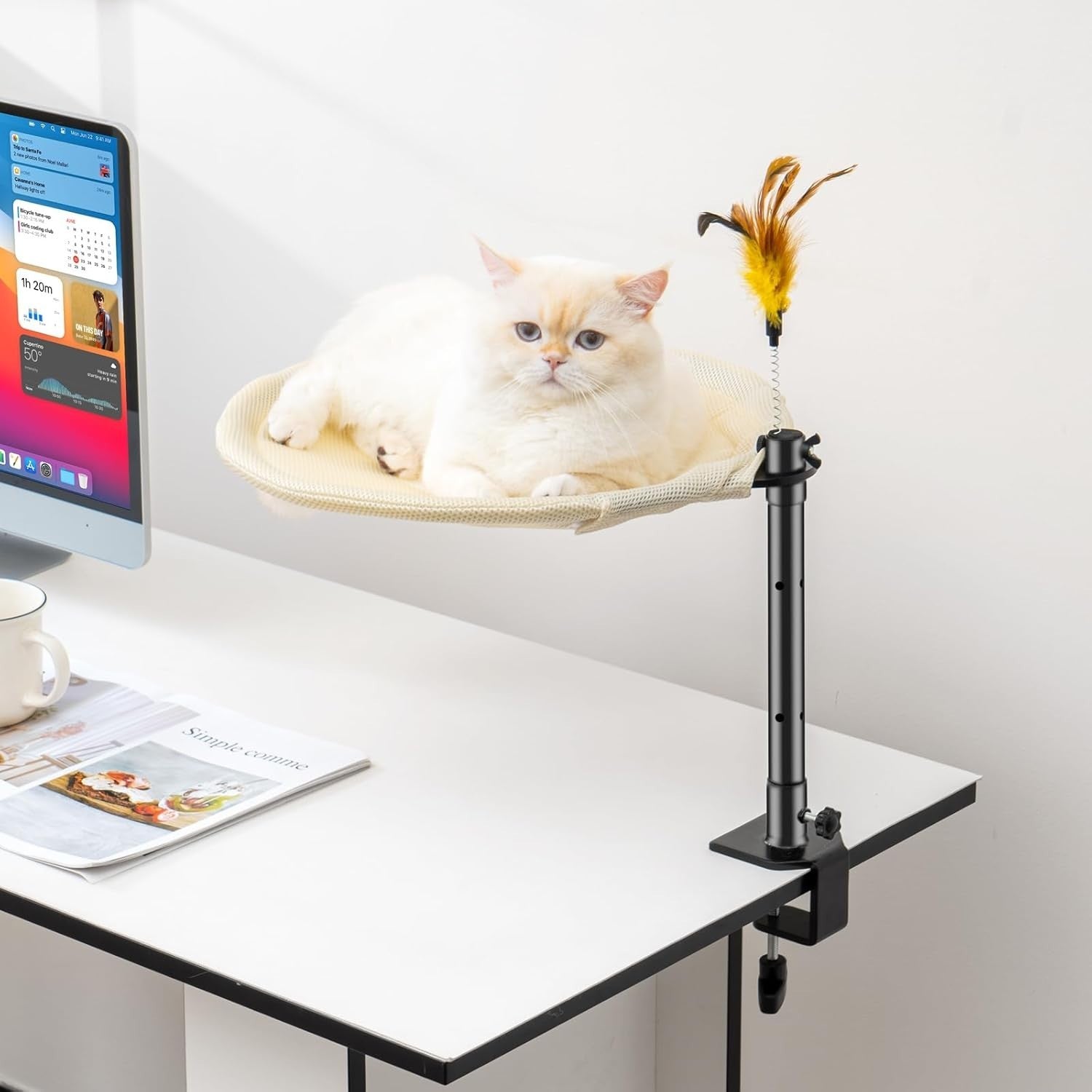 180° Rotating Cat Desk Bed Rabbit Fur Perch w Washable Cover 50lb