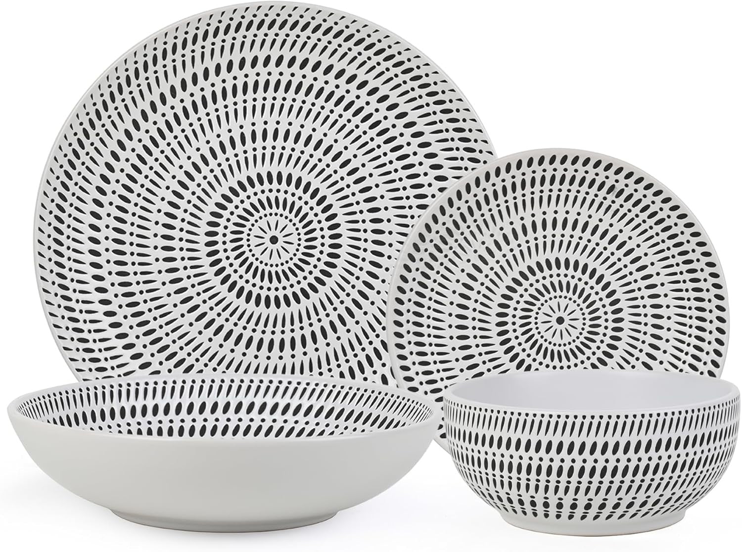 16 Piece Stoneware Dinner Set Black White Plates Bowls Microwave Dishwasher Safe