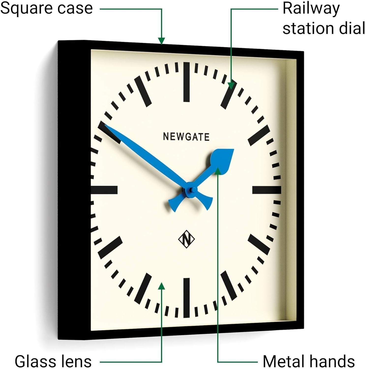 40cm Retro Square Wall Clock Silent Black Frame Blue Hands for Kitchen Office