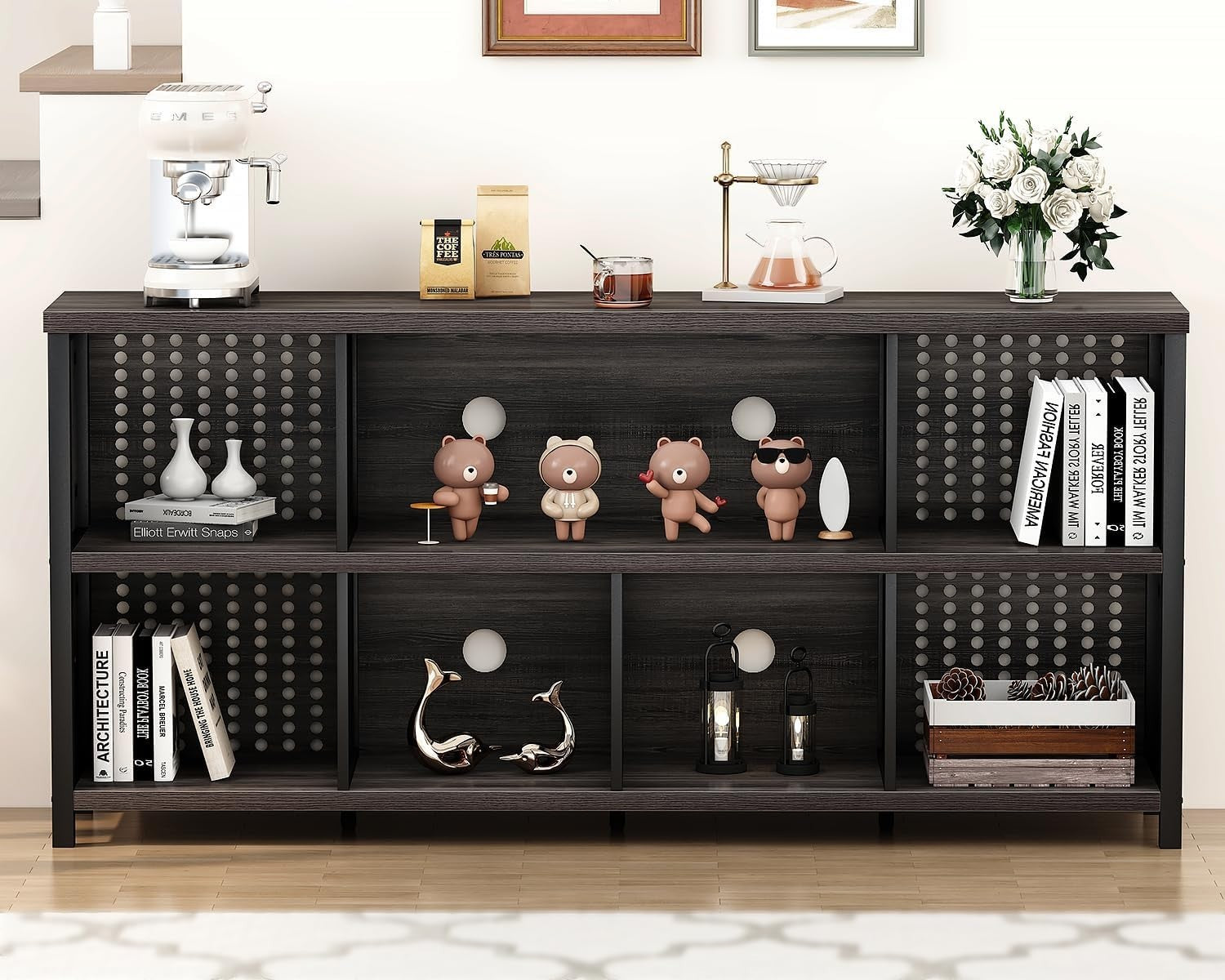 Grey Oak 8 Cube Wooden Bookcase Storage Cabinet Industrial Style 160x34x76cm