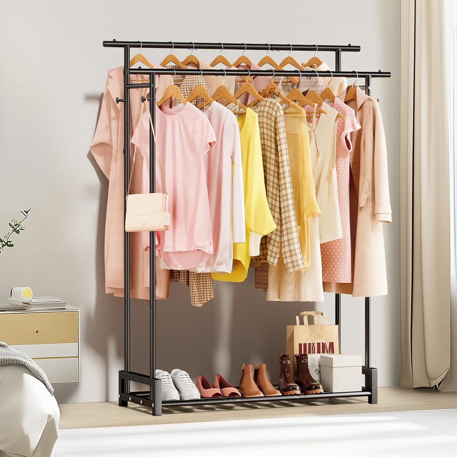 Double Clothes Rail with Shelf & Hooks – Black 150cm