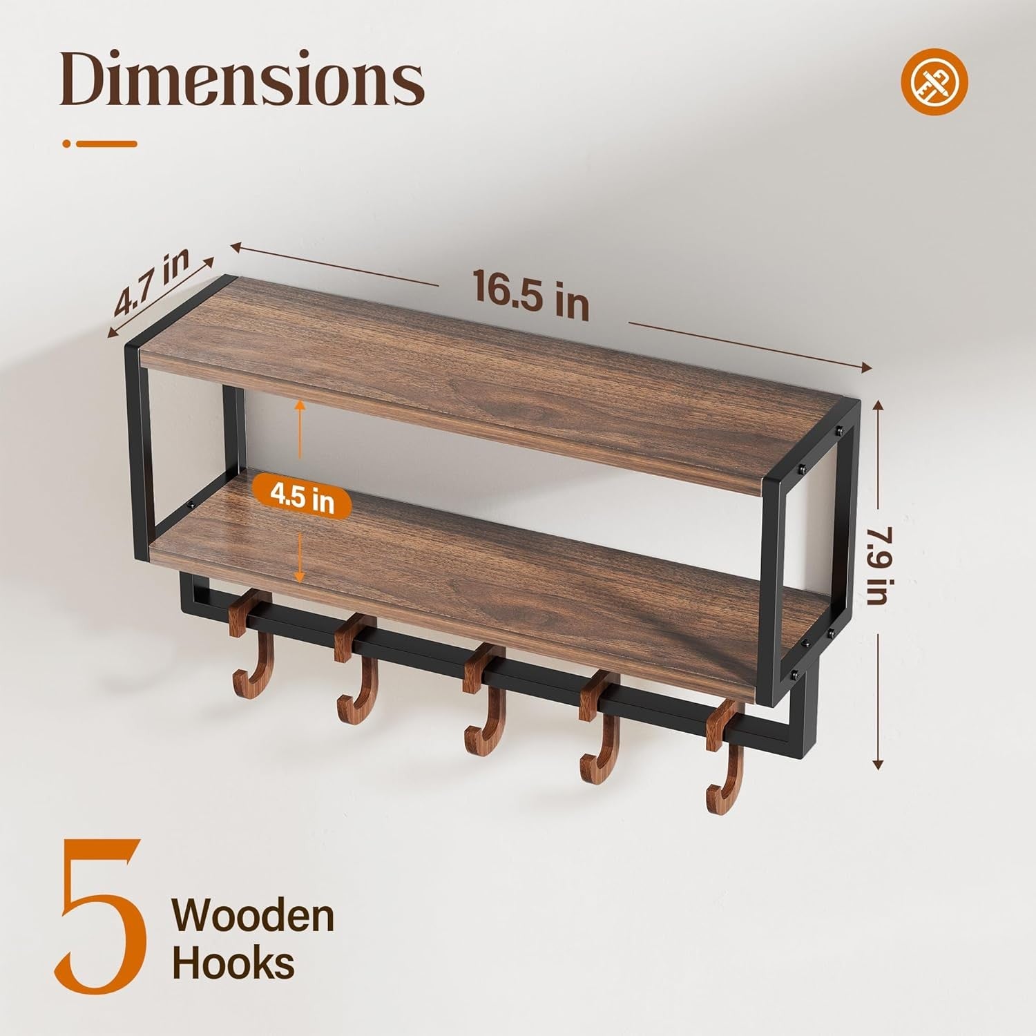 Rustic Wall Shelf with Hooks 2 Tier Coat Rack Industrial Wood Metal Storage
