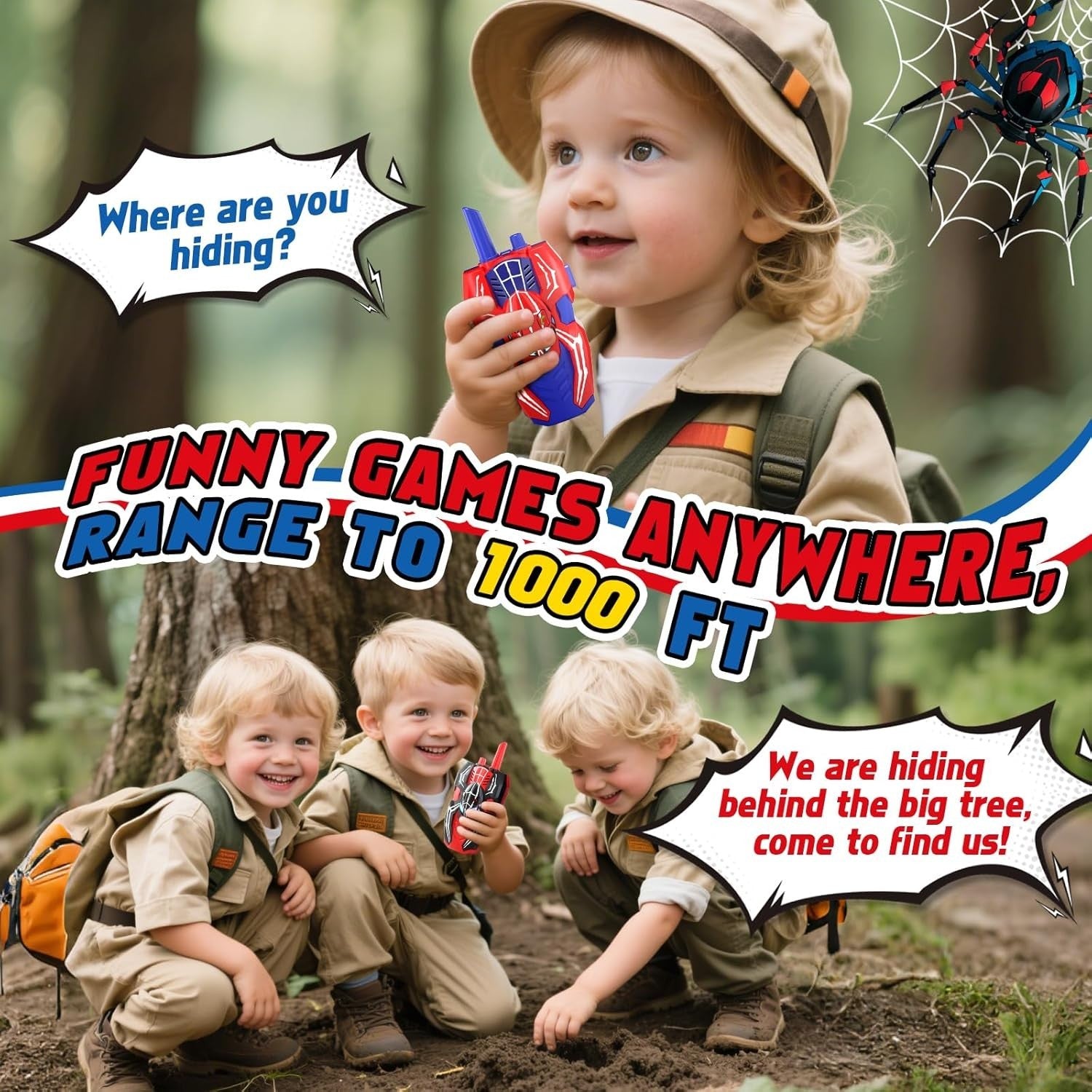 Kids Walkie Talkies 2 Pack Spider Toy Long Range Outdoor Gift Boys
