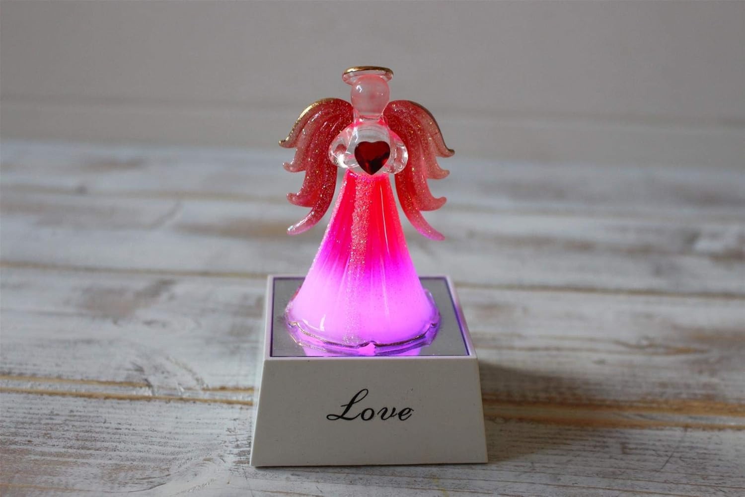 Crystal Glass Love Angel Light Up Ornament Pink LED Gift Decor Glitter Figurine