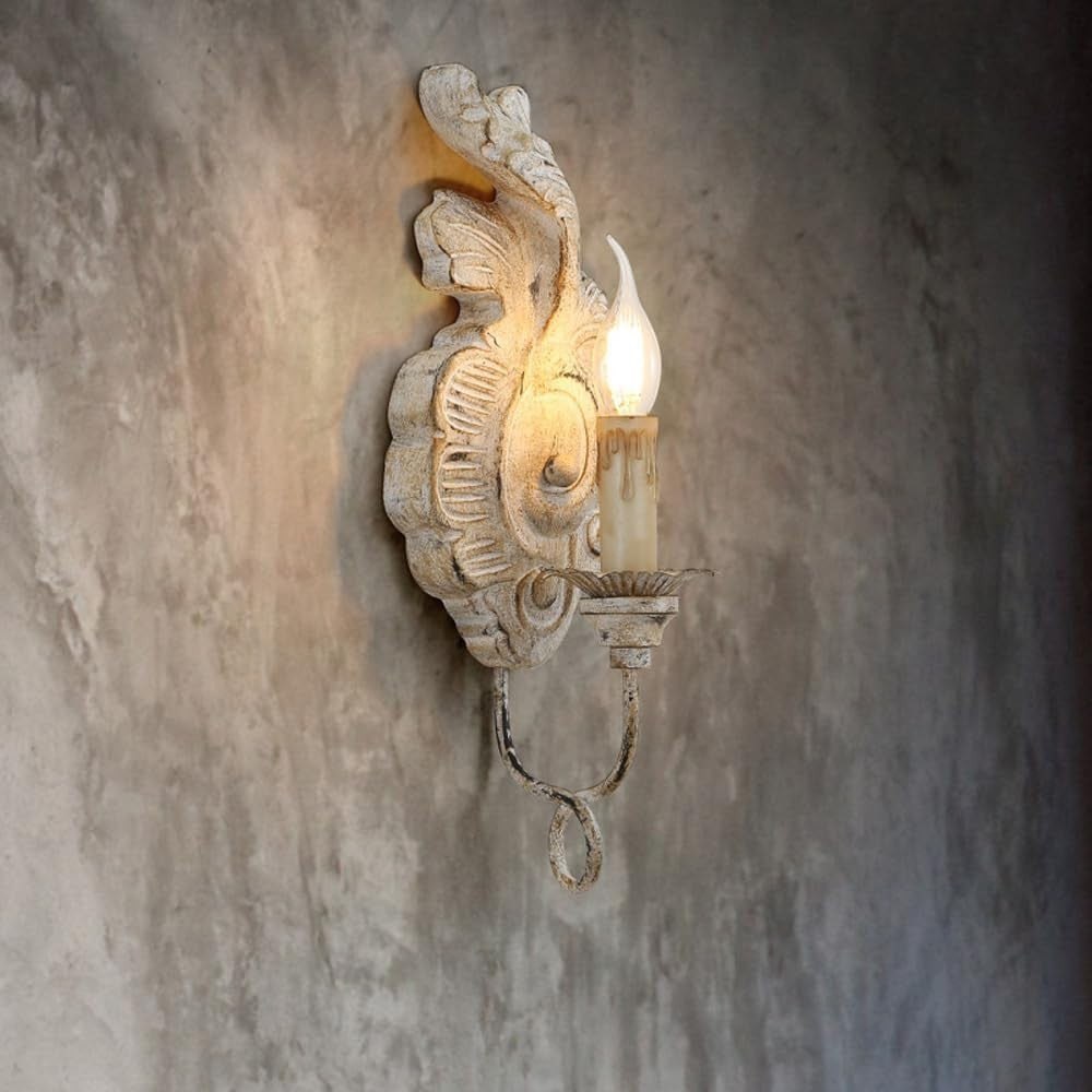 Vintage White Wood Wall Sconce, French Country Candle-Style Light