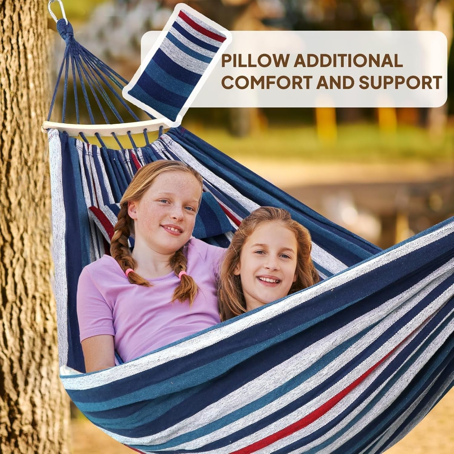 Heavy-Duty Cotton Hammock with Pillow & Spreader Bar 300kg Outdoor Garden
