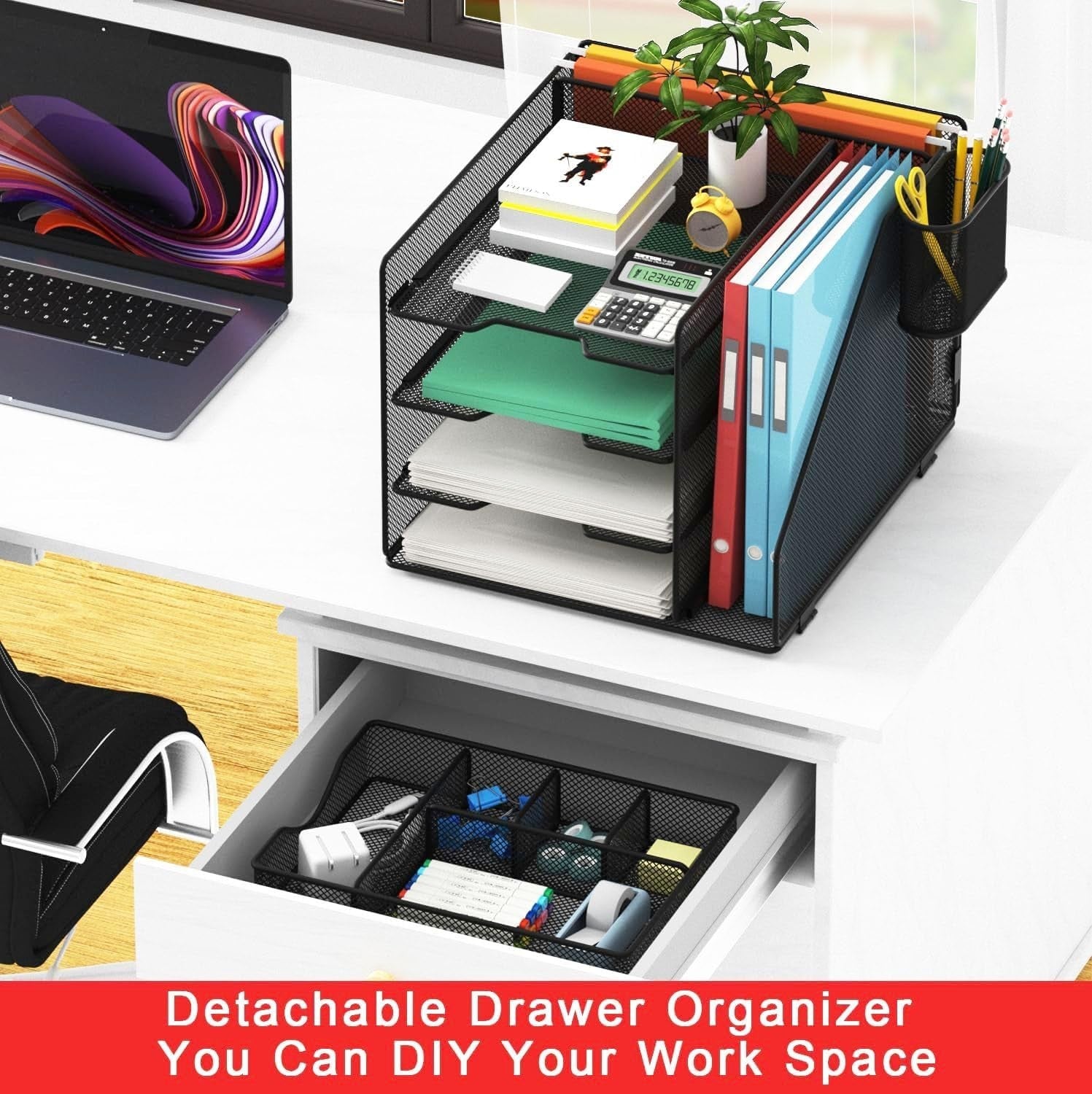Black Mesh Desk Organiser – 4-Tier Paper Tray, Drawer & Pen Holder