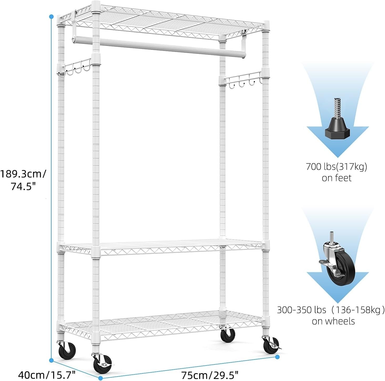White Heavy Duty Garment Rack – 3 Tier, 1 Rod, 189cm with Wheels