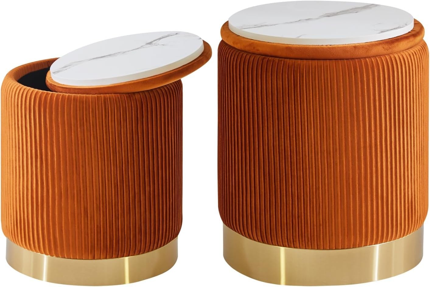 Set of 2 Velvet Storage Ottomans – Round Boucle Footstools & Side Tables Orange