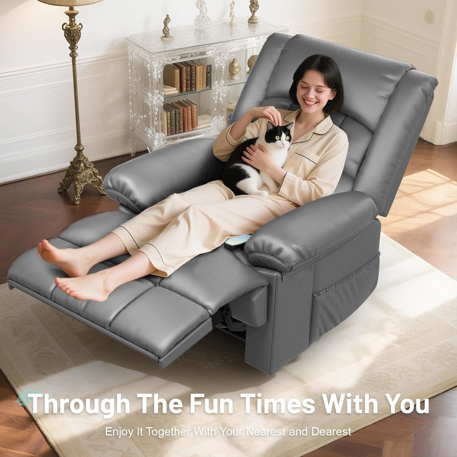 PU Grey Recliner Armchair Massage Heat Sofa Chair Adjustable Backrest Legrest