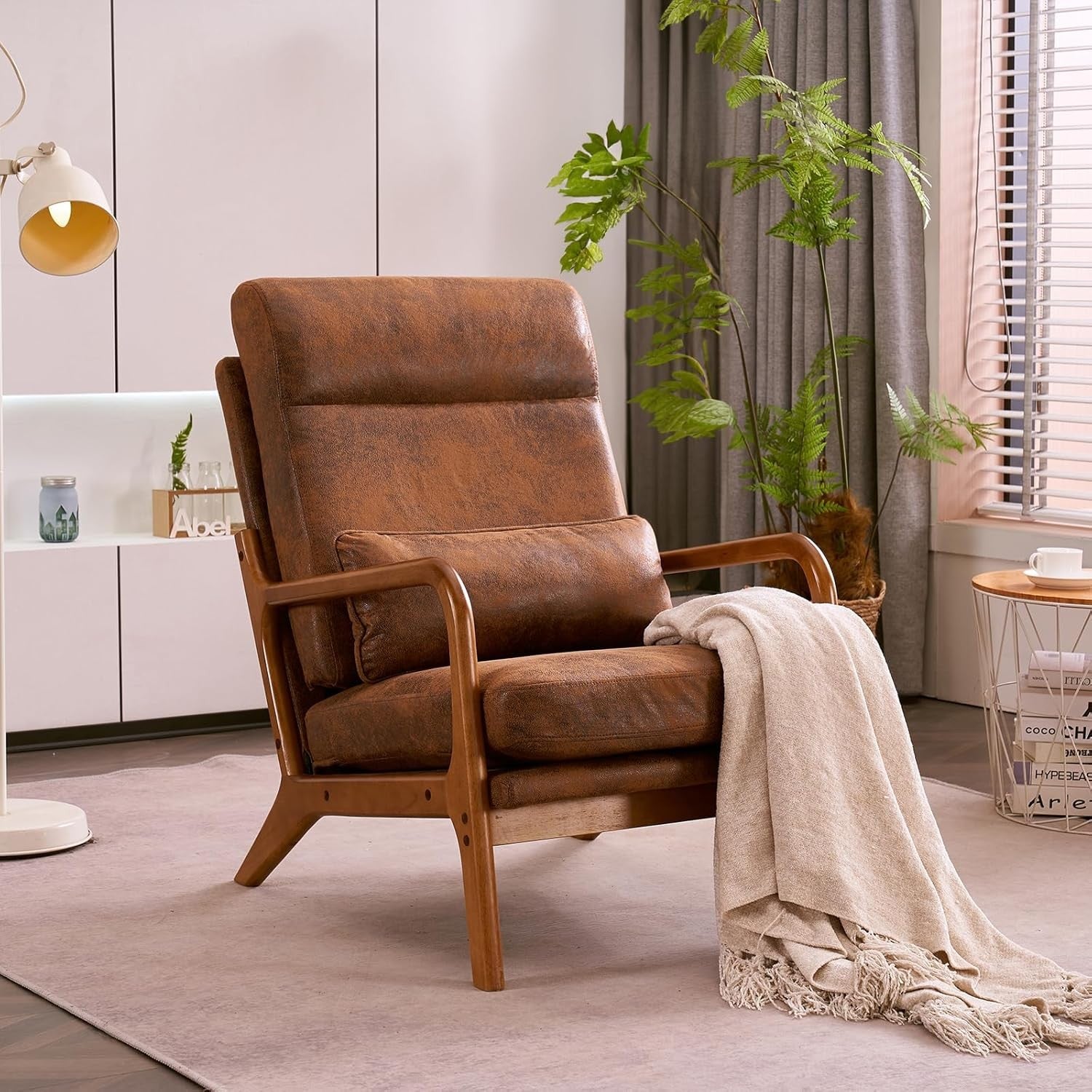 Mid Century High Back Accent Chair Brown Upholstered Armchair