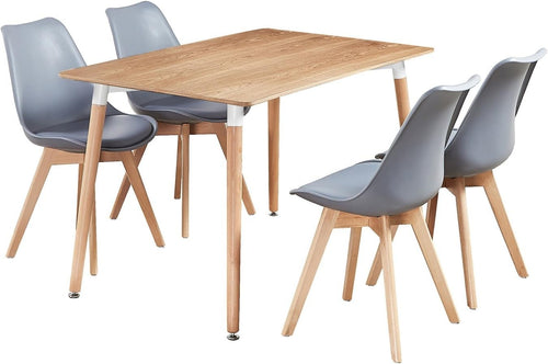 Dining Table Set for 4 Oak Wood with Grey PU Chairs Small Room Ready