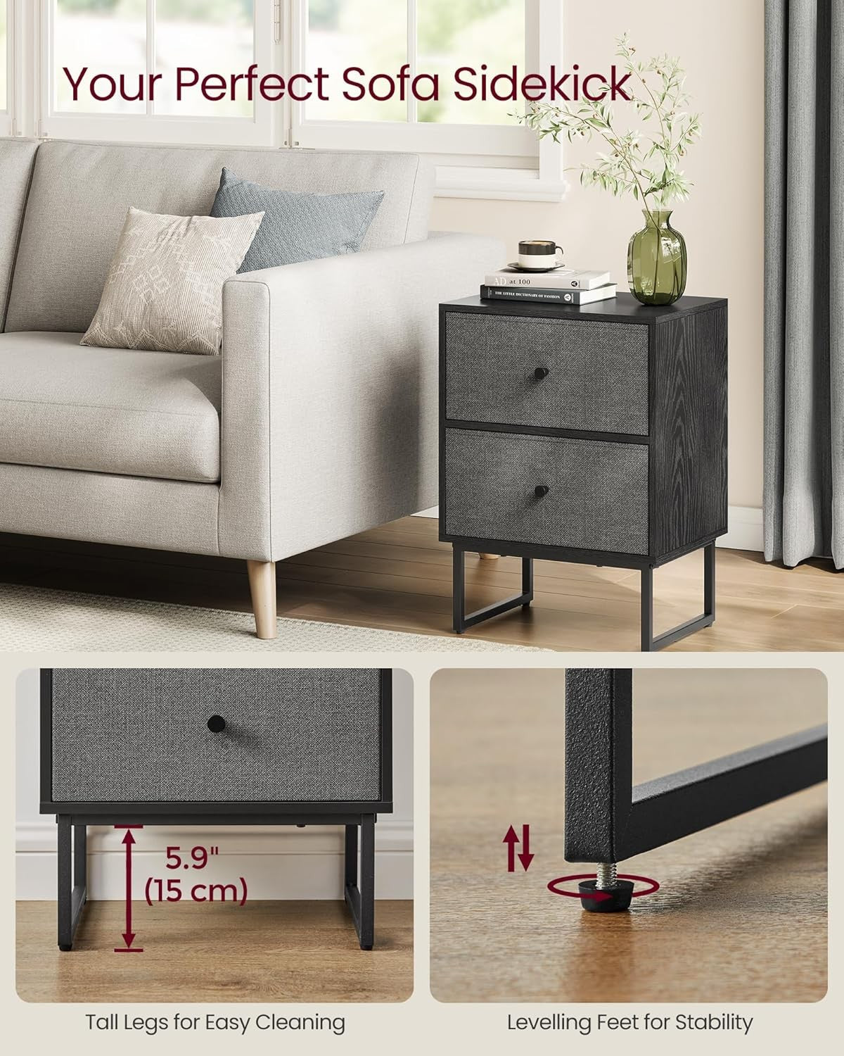 Modern Bedside Table with Fabric Drawers, 2-Tier Storage Cabinet in Black & Grey