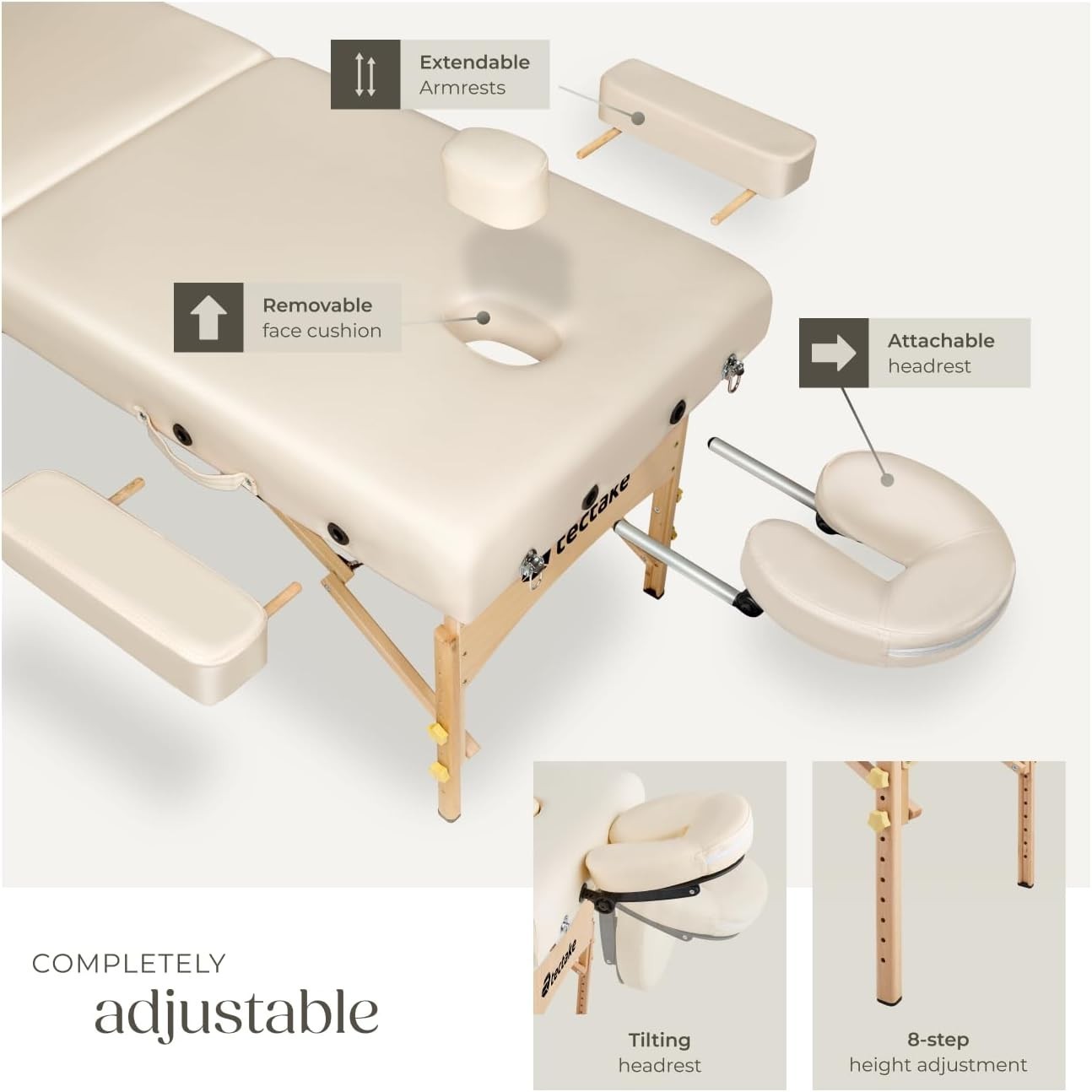 Portable Massage Table Foldable Beech Frame 7.5cm Padded Beauty Bed Beige