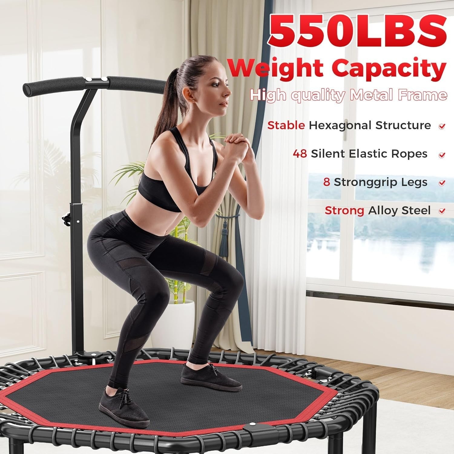 48in Octagonal Fitness Rebounder Trampoline Silent Bungee 550lb Indoor
