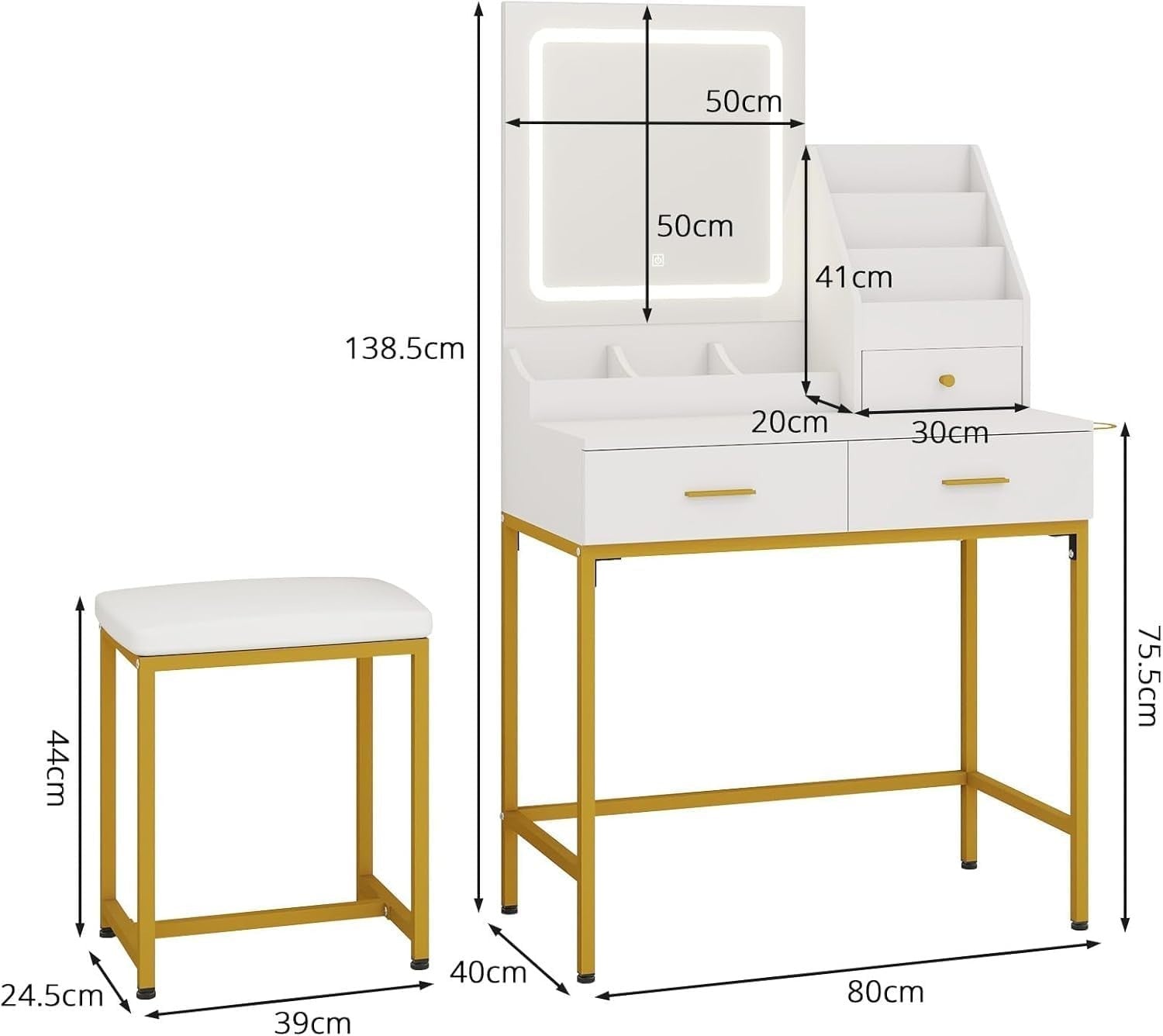 Vanity Makeup Dressing Table with LED Mirror 3-Color Light & Storage White/Gold